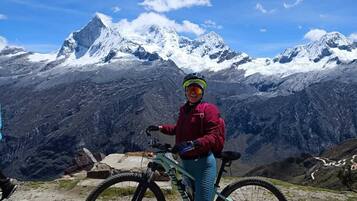 A person standing next to a mountain bike on a rocky terrain with snow-capped mountains in the background.