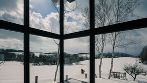 Ein Zimmer mit großen Fenstern, das einen Blick auf eine verschneite Landschaft mit Bäumen und einer entfernten Hügelkette bietet.