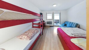A dormitory room with bunk beds, a sofa, and a window. - Homerez - Studio in Gérardmer (Gérardmer)