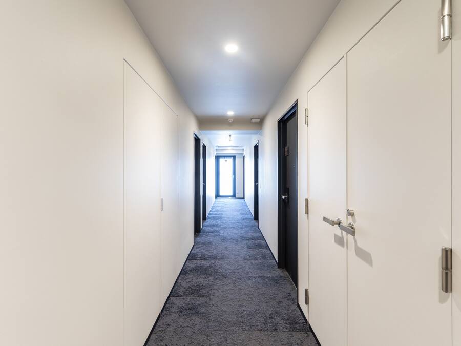 A long, narrow hallway with white walls and a dark carpet. There are doors on both sides, and a light fixture on the ceiling.
