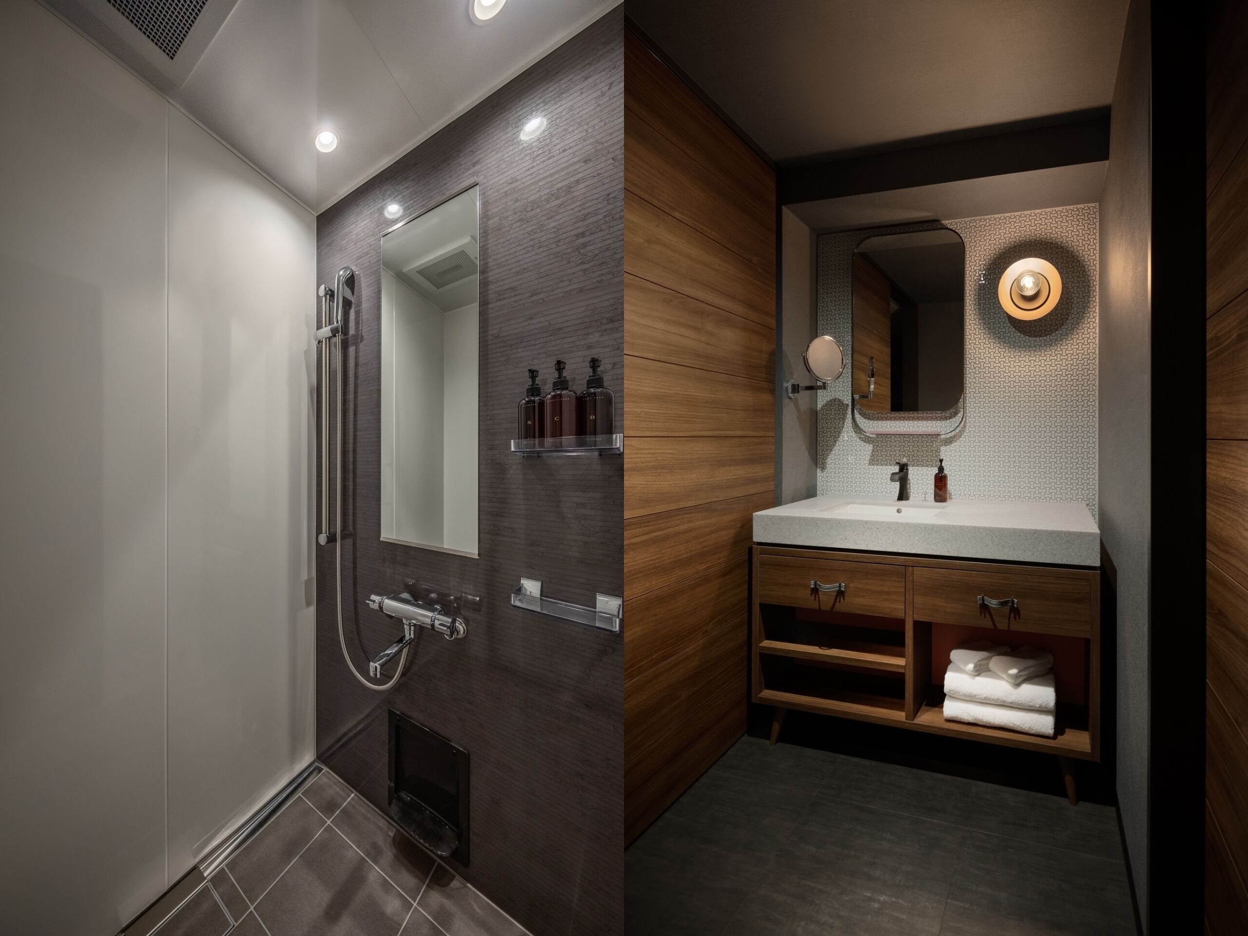 A modern bathroom with a walk-in shower, a vanity with a mirror, and a towel rack.