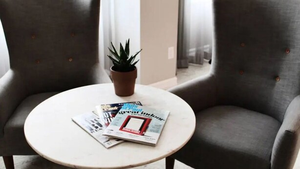 A room with two grey armchairs and a small round table with a potted plant and magazines. - Executive Queen Room in Minneapolis Boutique Hotel (Minneapolis)