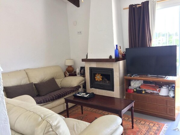 TV, fireplace, books, stereo