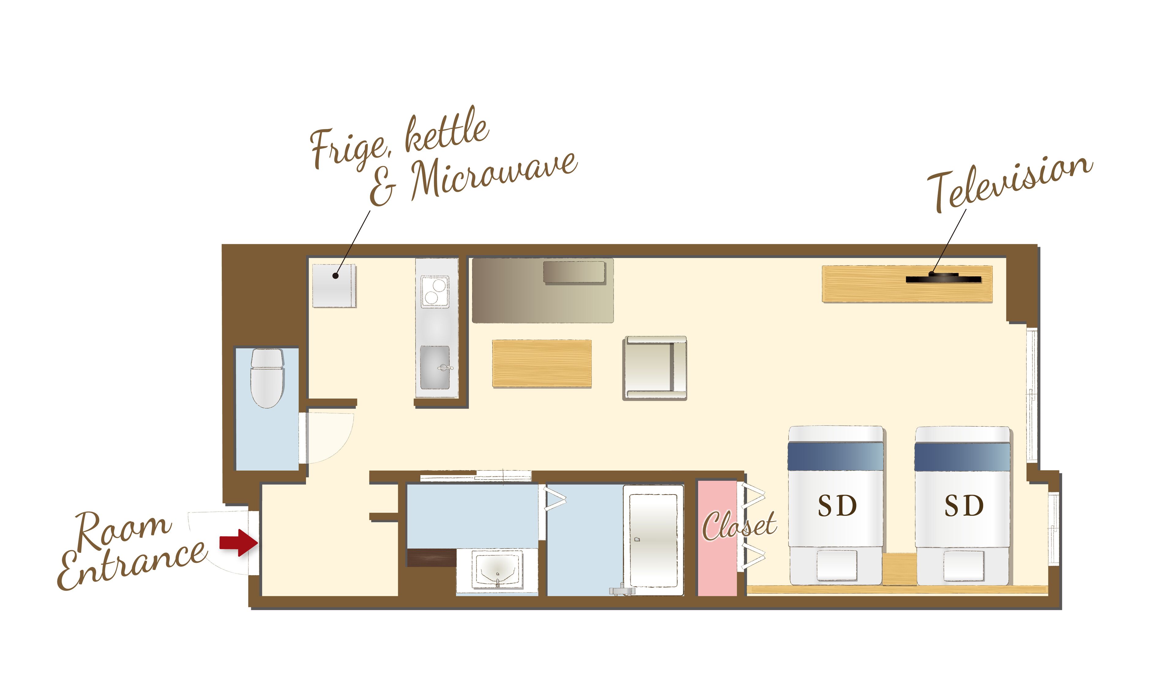 Distribución de una habitación de hotel con kitchenette, televisor, armario y entrada.