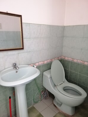 Une salle de bain avec un lavabo, des toilettes et un miroir.