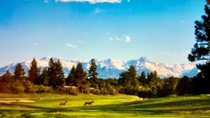 En golfbana med ett bergigt landskap i bakgrunden, en klar himmel och några rådjur i förgrunden.