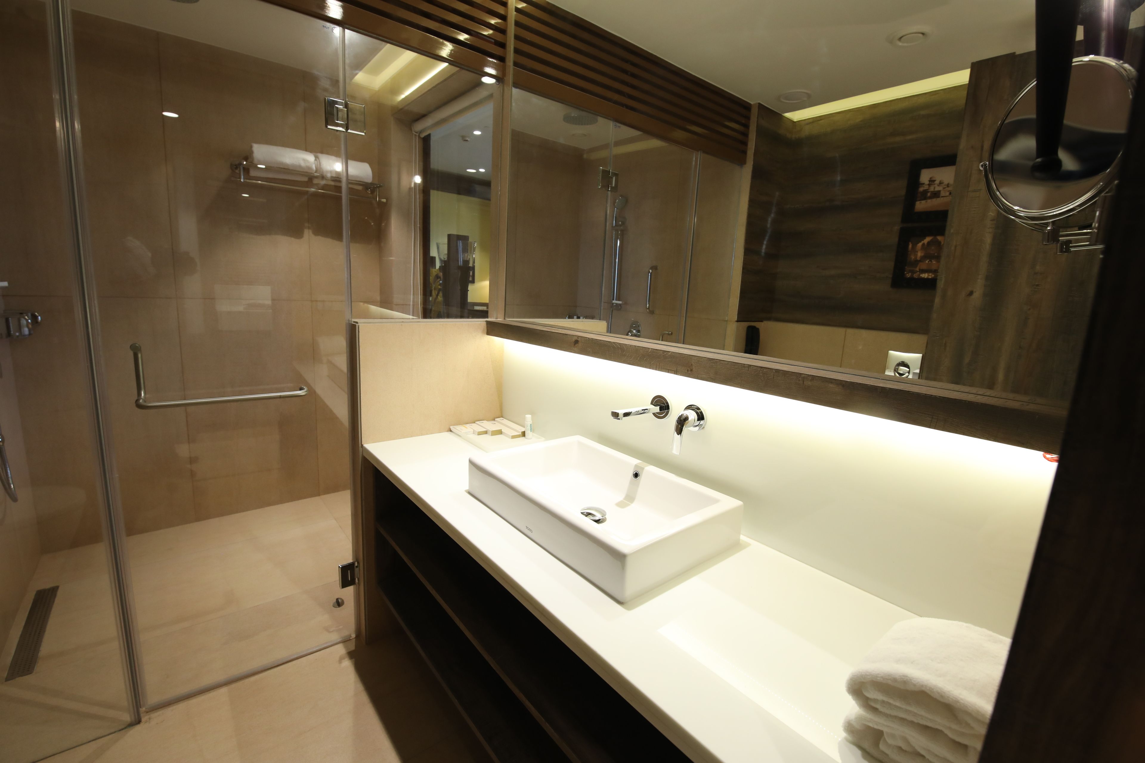 A modern bathroom with a glass shower enclosure, a white sink, and a large mirror.