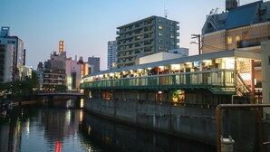 Un edificio a la orilla del río con un paseo verde y un puente.