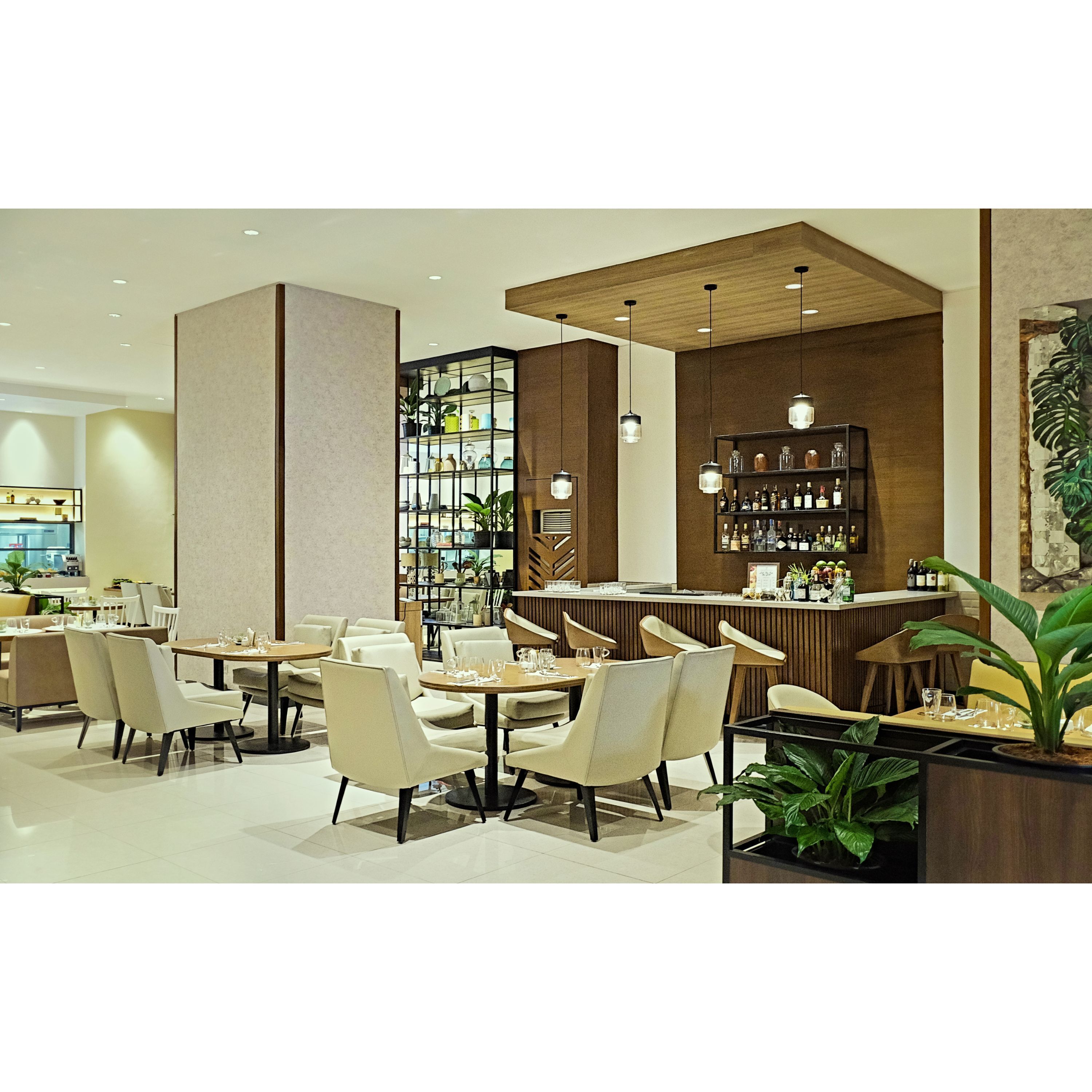 A modern restaurant with a bar area, seating arrangements, and a variety of plants.