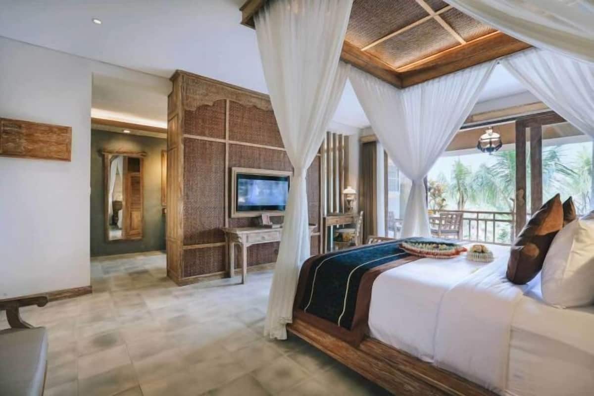 A bedroom with a bed, curtains, a television, and a view of palm trees.