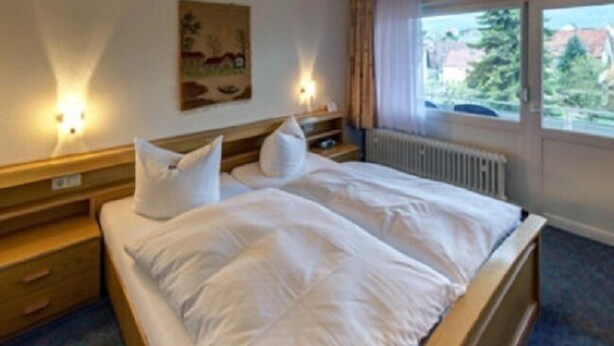 A hotel room with a double bed, two bedside tables, a nightstand, a painting on the wall, and a window with a view of trees and buildings. - Hartmann (Neuffen)