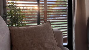 Une pièce avec une fenêtre recouverte de stores horizontaux, une plante en pot et un canapé beige.