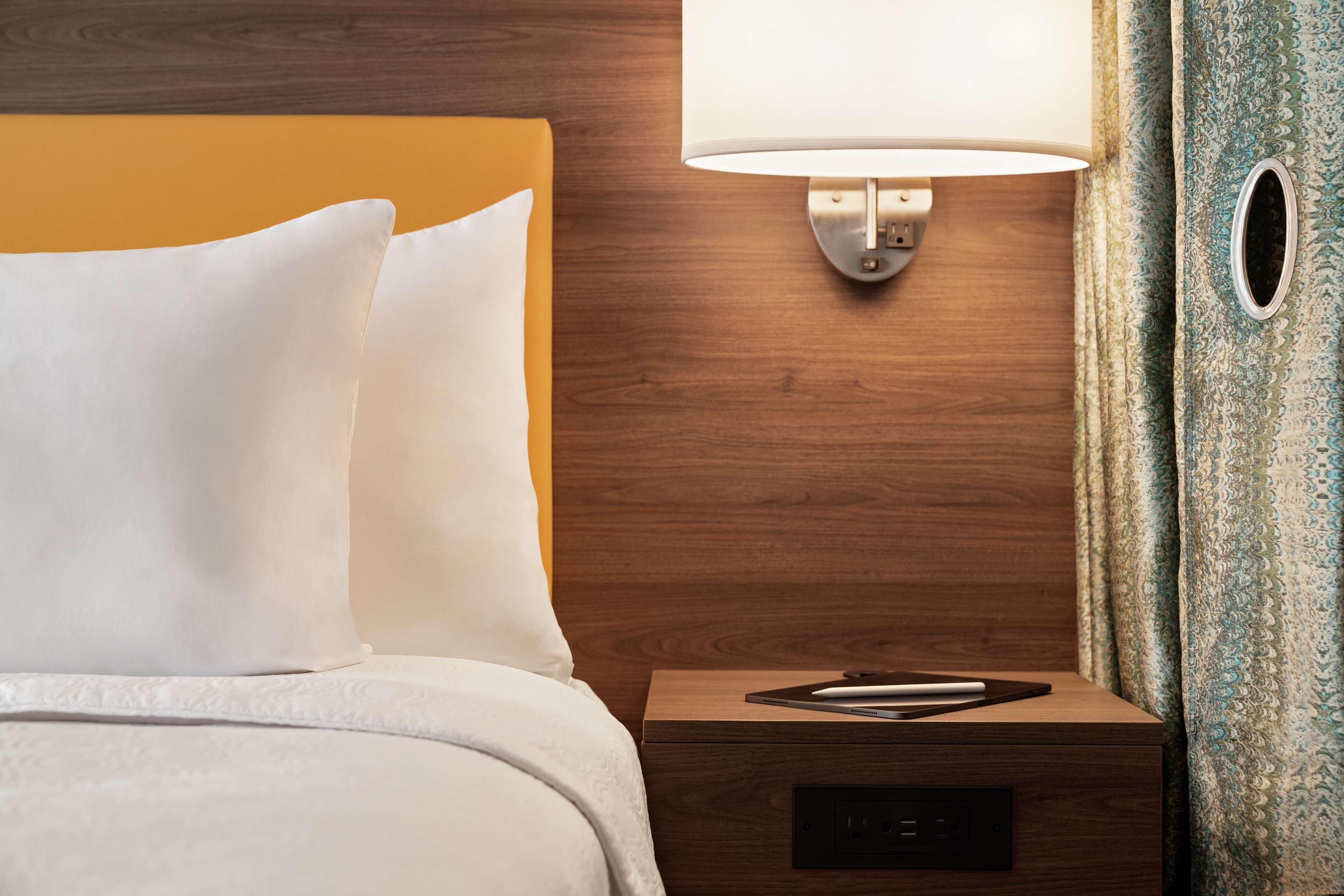 desk, laptop workspace, blackout curtains, iron/ironing board