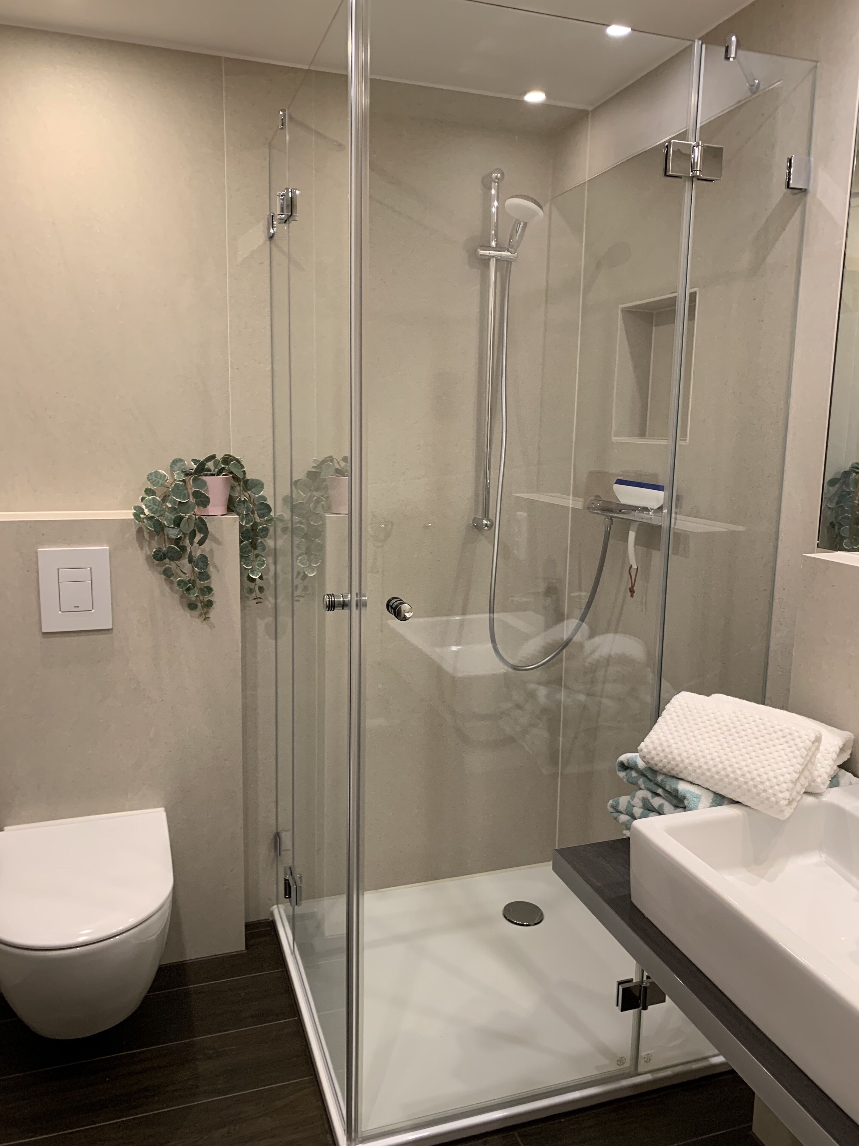 Une salle de bain moderne avec une douche à parois de verre, des toilettes blanches et un lavabo avec une serviette.