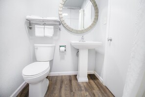 Un baño con inodoro, lavabo y espejo.