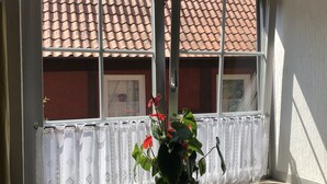 Una ventana con vistas a un tejado de tejas, una planta en maceta con flores rojas y una cortina de encaje blanco.