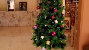 A Christmas tree with ornaments and a 'Merry Christmas' sign, surrounded by wrapped gifts. - Kiboga Resort Hotel (Kiboga)