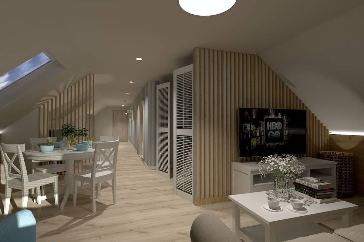 Ein modernes Interieur mit Essbereich, einem an einer schrägen Wand montierten Fernseher und einer Treppe, die zu einer oberen Ebene führt.