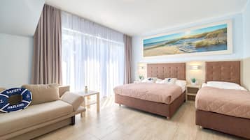 Desk, laptop workspace, free WiFi, bed sheets