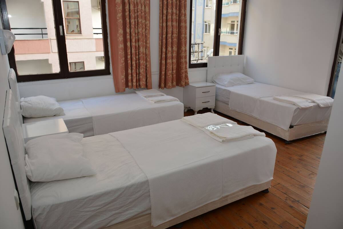 Une chambre avec deux lits simples, une petite table de chevet, une commode et une fenêtre avec des rideaux.