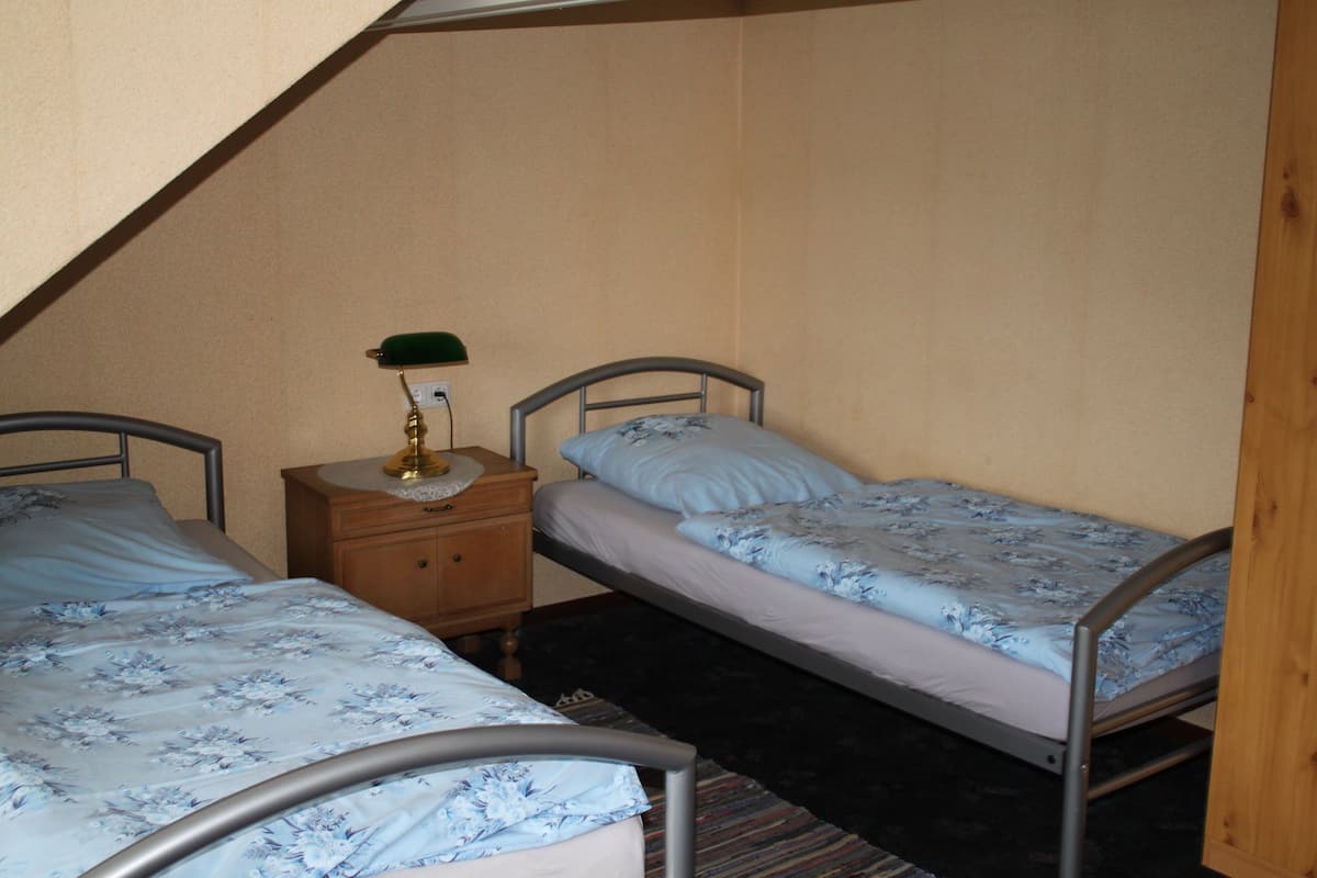 Ein Schlafsaalzimmer mit zwei Etagenbetten aus Metall, einem Nachttisch aus Holz mit einer Lampe und einem Streifen Teppich.