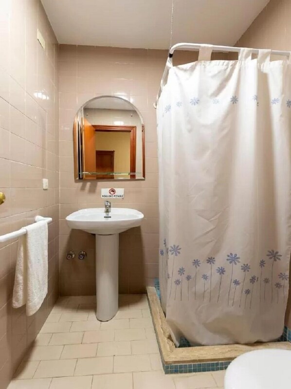 A bathroom with a sink, mirror, and shower curtain.