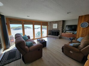 Smart TV, fireplace, DVD player, books