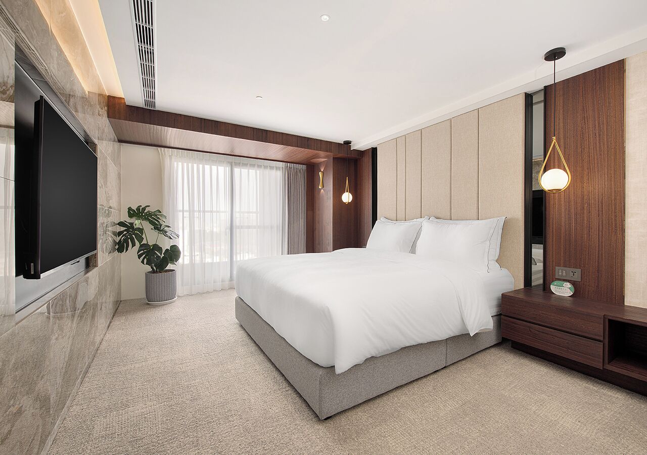 A modern hotel room with a large bed, a flat-screen TV, a potted plant, and a wooden panel wall.