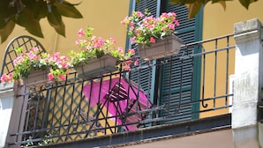 Un balcón con barandas de metal y macetas con plantas de flores rosadas.