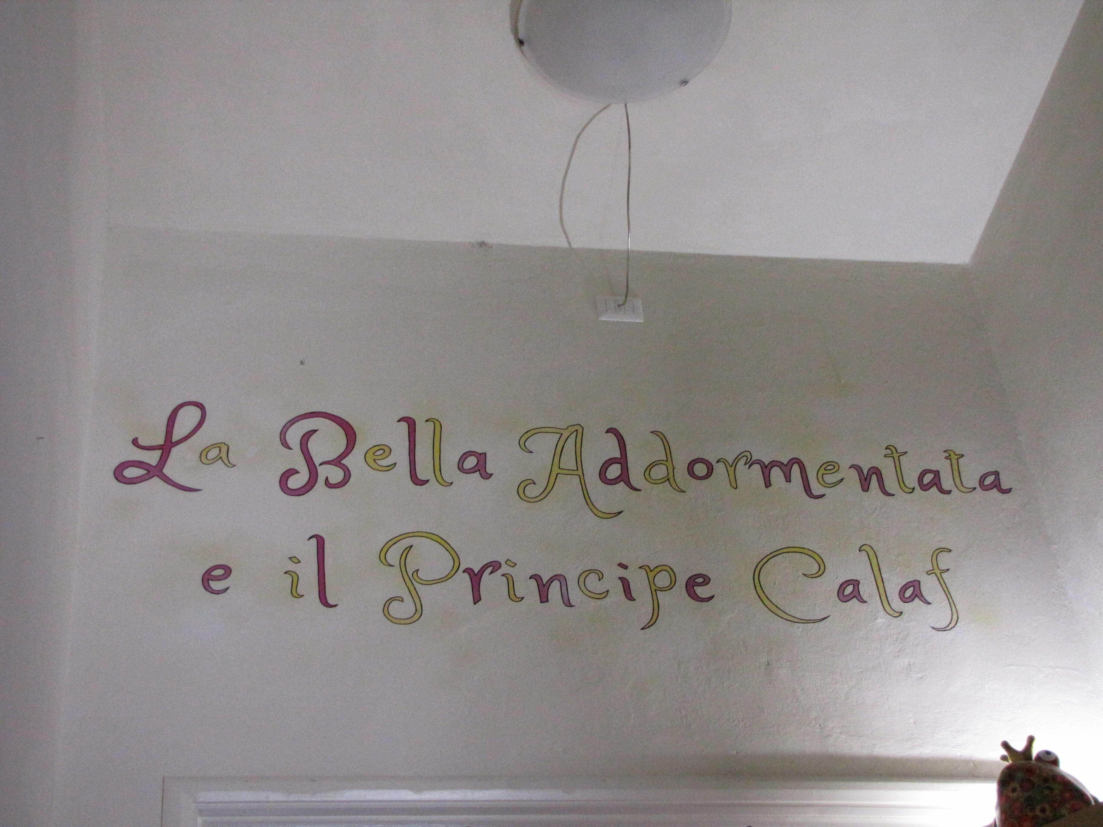 Una pared con el texto "La Bella Addomentata e il Principe Calaf" en escritura cursiva.