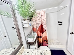 Shower, hair dryer, towels, soap