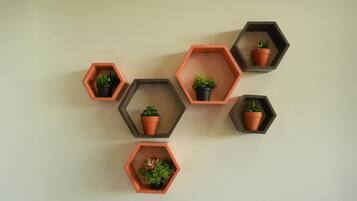 A wall with six hexagonal planters of varying sizes, each containing different types of plants.