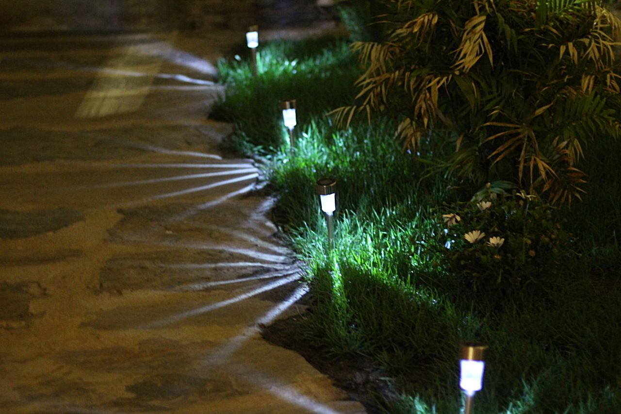 Un sendero bordeado de césped e iluminado por luces en el suelo.