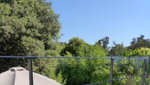 A balcony with a view of a swimming pool, surrounded by greenery and a metal railing. - Duplex character cottage  (Grillon)