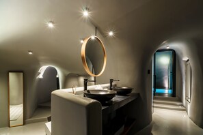 Wellness Four Bedroom Villa with Outdoor Hot Tub & Indoor Pool | Bathroom | Shower, rainfall showerhead, designer toiletries, hair dryer - Kivotos Santorini - Preferred Hotels & Resorts (Santorini)