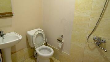 A bathroom with a toilet, sink, and shower.