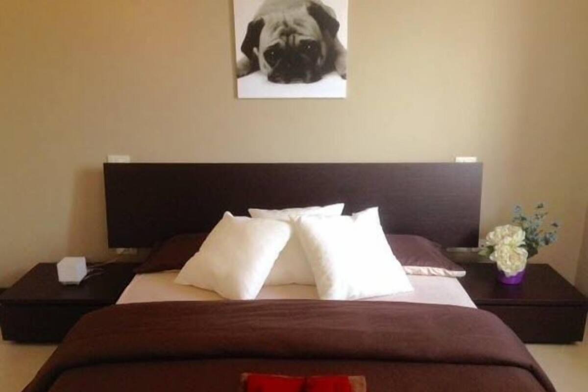 A neatly made bed with white and brown bedding, a dark headboard, and a framed picture of a dog on the wall.