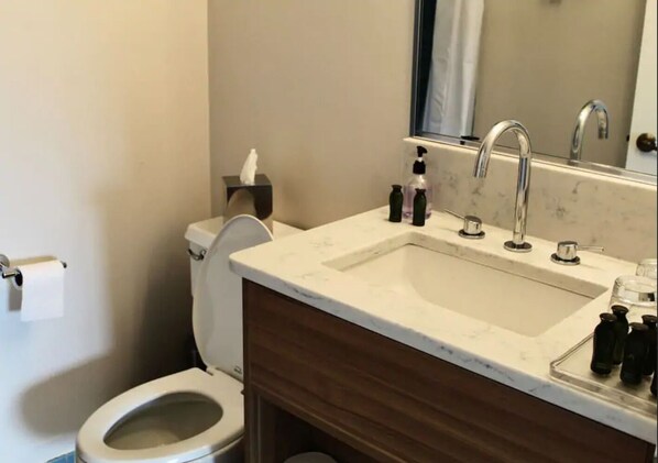 A bathroom with a toilet, sink, and mirror.
