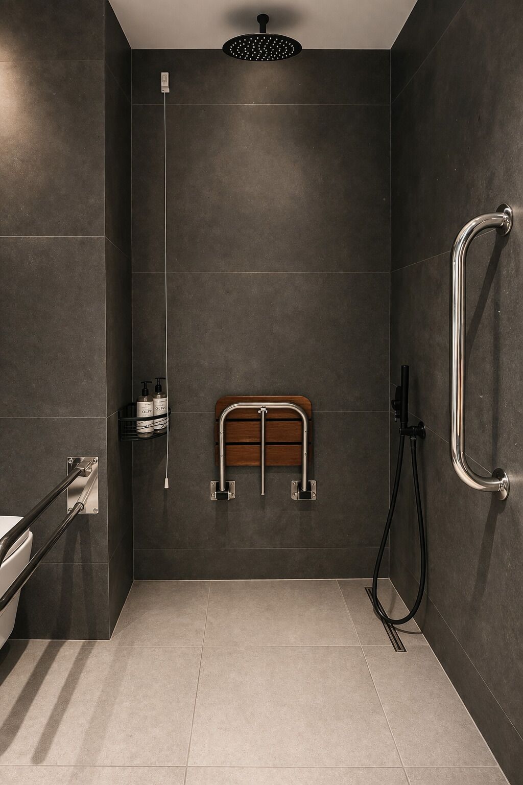 Un baño moderno con ducha de mano, manguera para ducha, barra de apoyo y un inodoro con barra de seguridad.