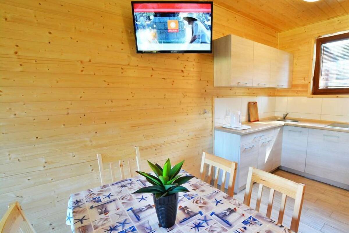 A wooden cabin interior with a dining table, chairs, a potted plant, a television mounted on the wall, and a kitchen area.