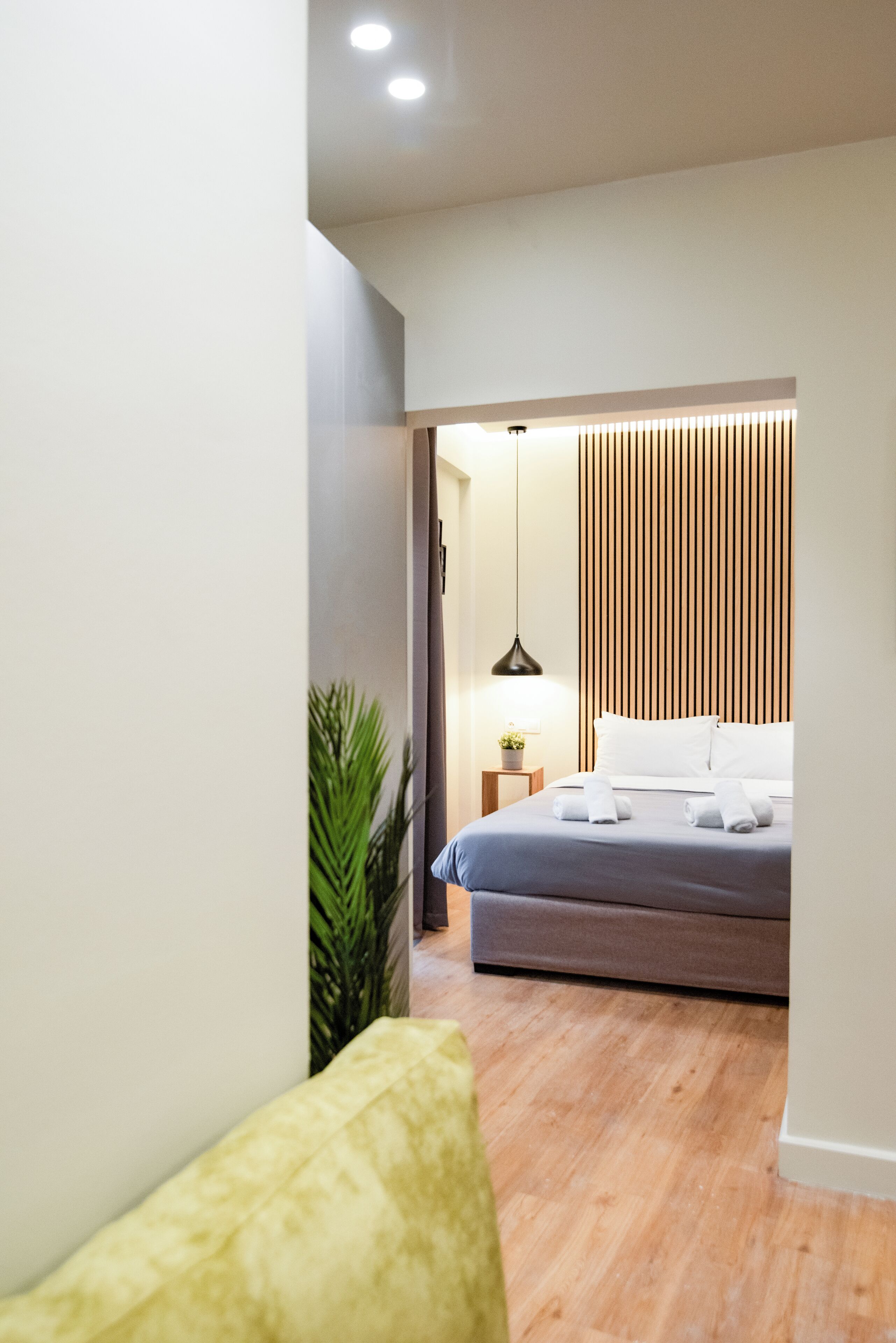 A modern bedroom with a bed, bedside table, lamp, and a plant.