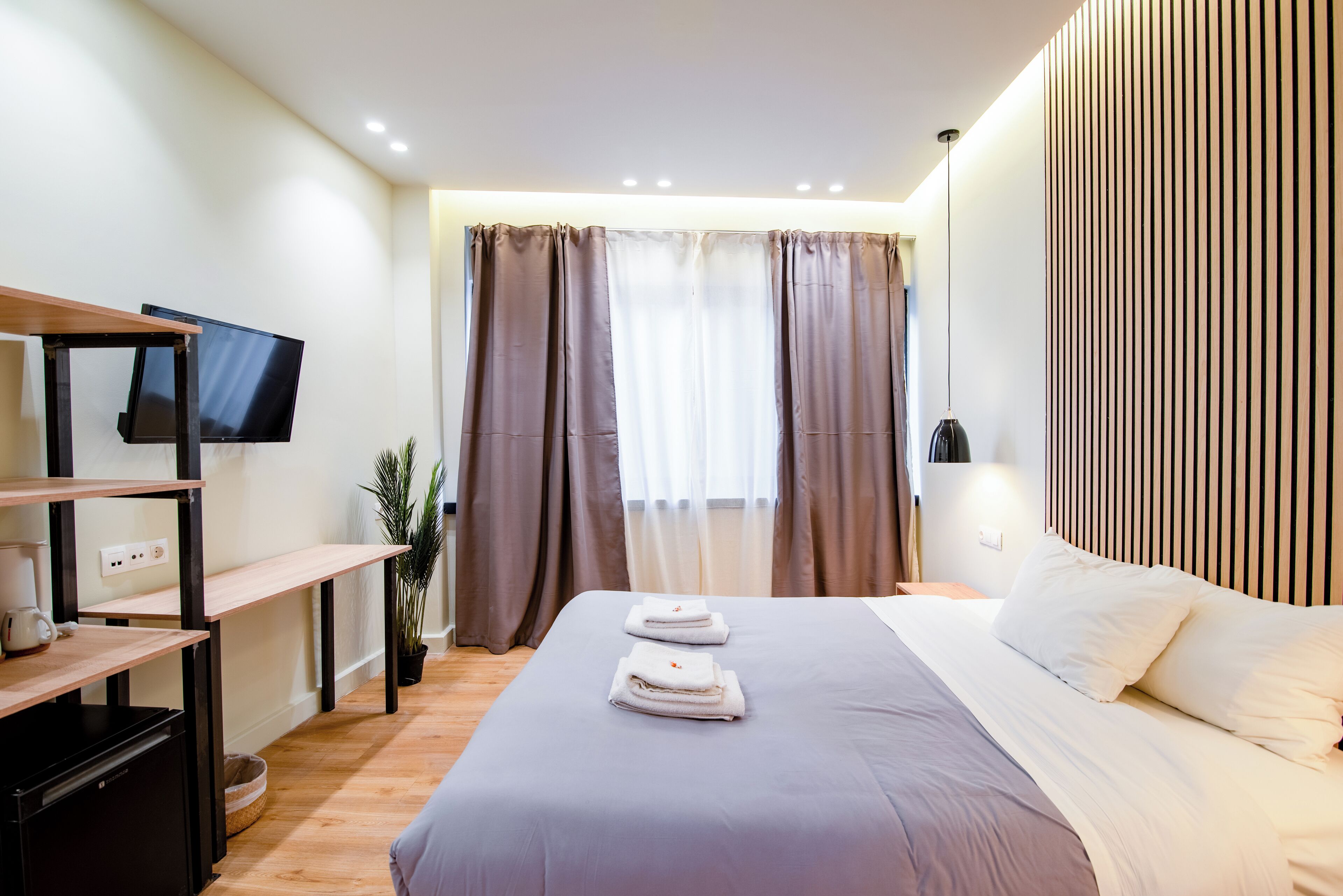 A modern hotel room with a bed, a flat-screen TV, a desk with a computer, and a potted plant.