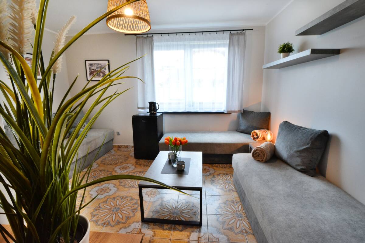 Ein modernes Wohnzimmer mit einer Couch, einem Couchtisch und einer großen Topfpflanze.