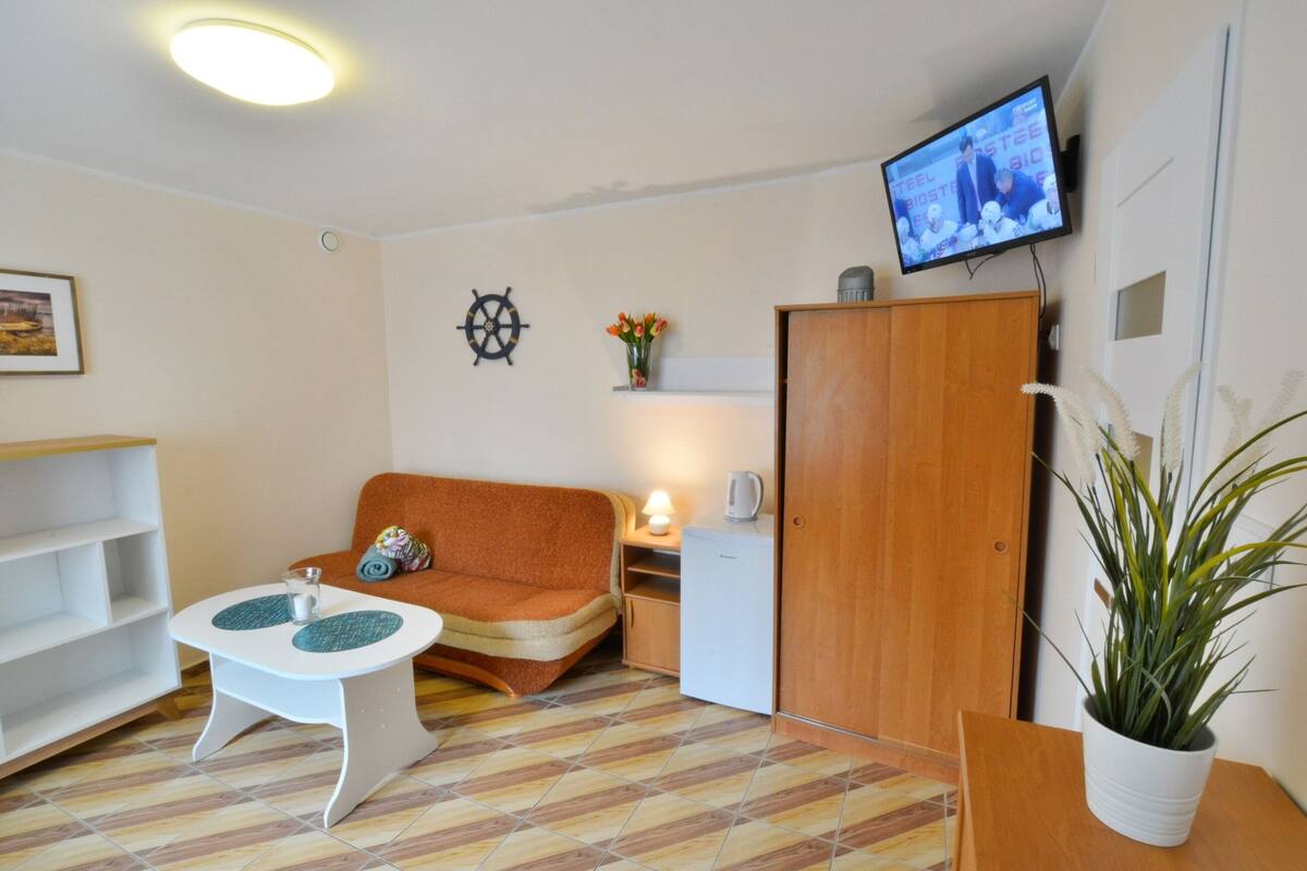 Ein gemütlicher Wohnraum mit Sofa, kleinem Tisch, an der Wand montiertem Fernseher, Holzschrank und einer Zimmerpflanze.
