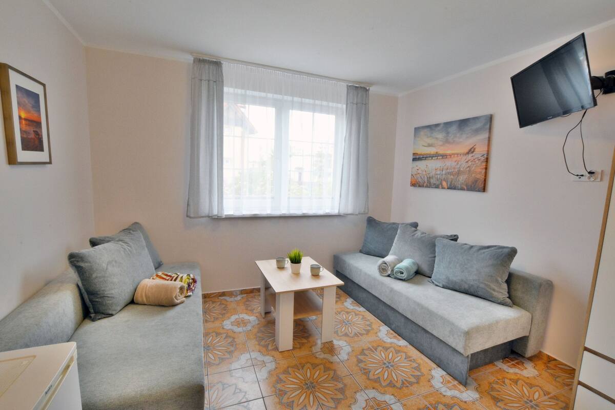 Ein kleiner, gut beleuchteter Raum mit einer Couch, einem kleinen Tisch mit einer Pflanze und einem an der Wand montierten Fernseher.