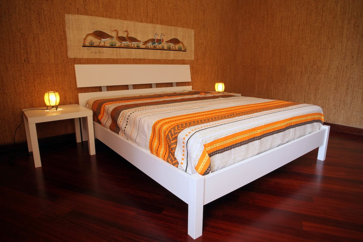 A neatly made bed with a patterned blanket, two bedside tables with lamps, and a wall-mounted artwork depicting birds.