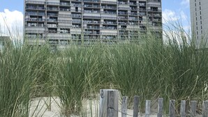 A multi-story residential building with balconies, surrounded by tall grass and a wooden fence. - Beach Front with Amazing Views from Oceanside & Bayside (Ocean City)