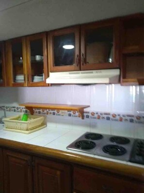 Family Apartment | Shared kitchen facilities | Full-size fridge, microwave, stovetop, cookware/dishes/utensils