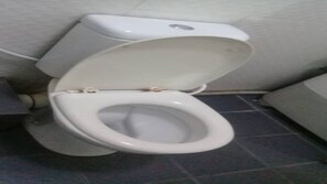 A standard toilet is situated in a bathroom with dark floor tiles.