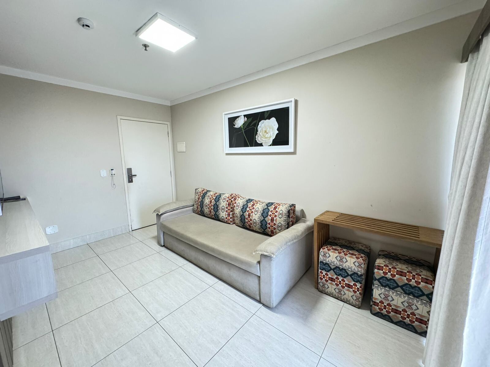 A living room with a sofa, patterned cushions, a small wooden table, and a framed picture on the wall.